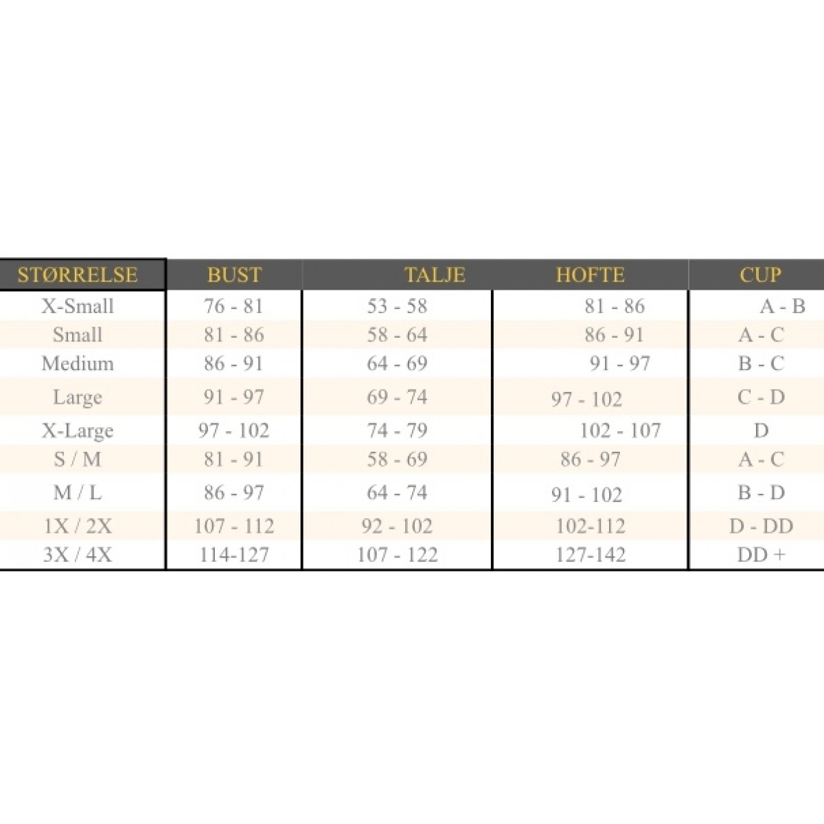 Leg avenue størrelse tabel